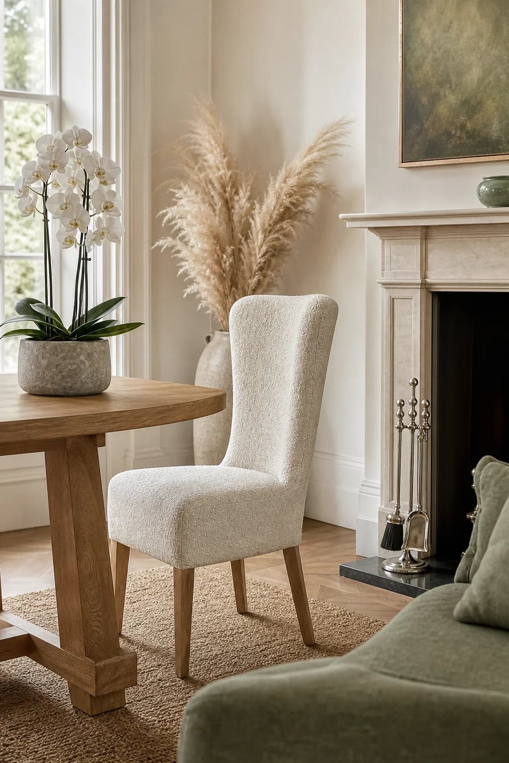 A calm dining room with a cream bouclé chair, white orchid and silver fireside set